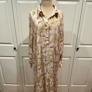 NWT H&M Pink Floral Print Long Sleeve Midi Dress Sz L
